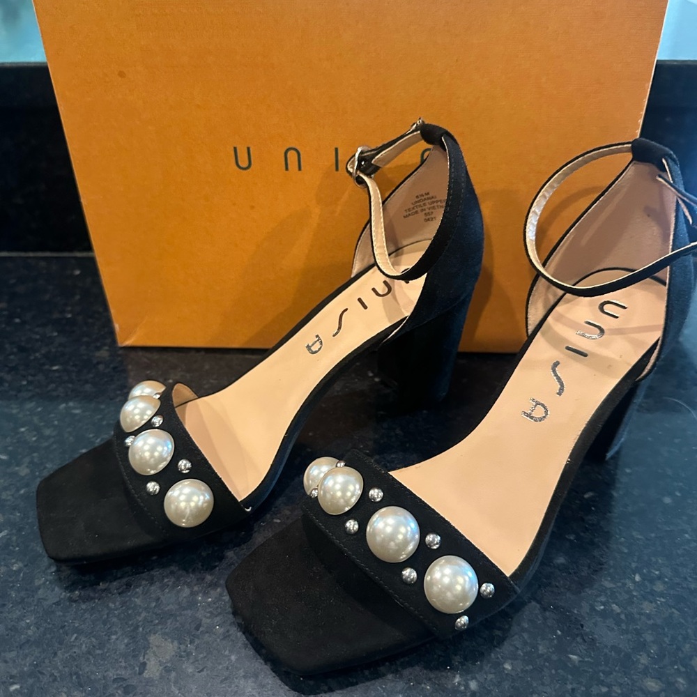 Unisa Black Pearl Embellished Heels - Brand New
